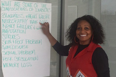 Woman pointing to board with ideas for healthy living