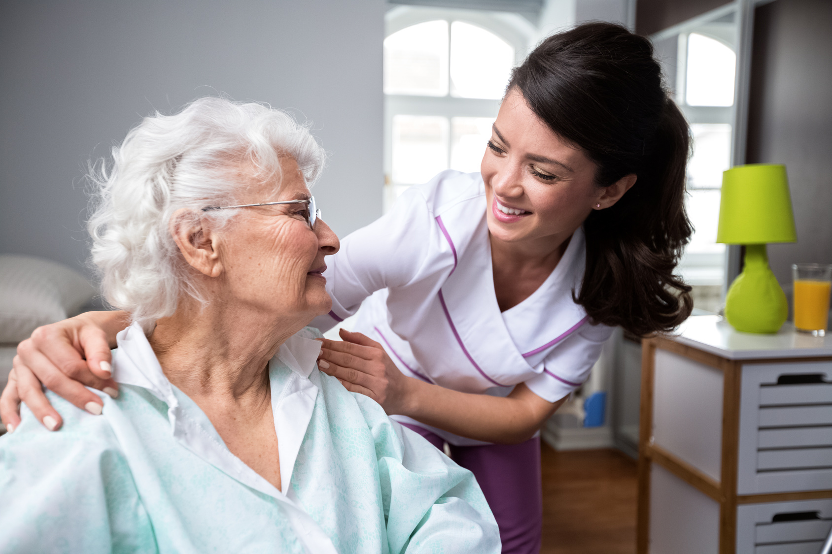 Patient and nurse at skilled nursing facility